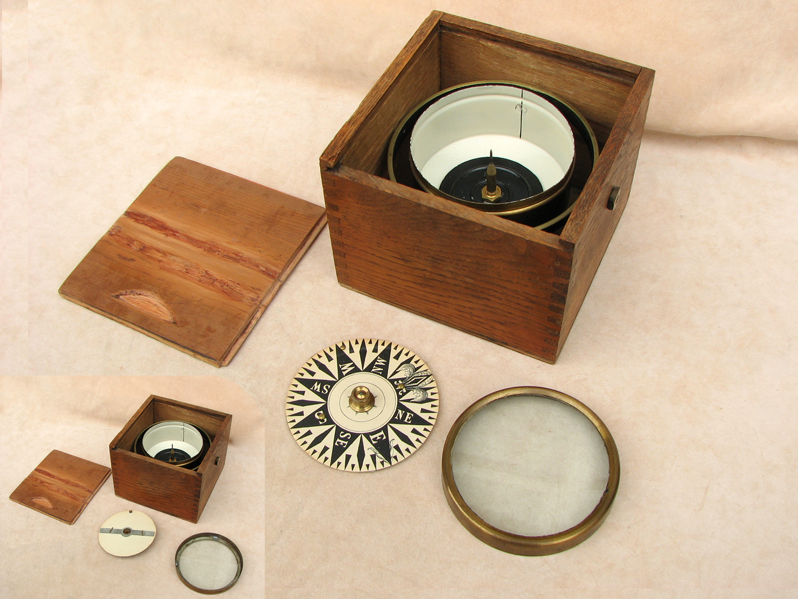 Mid 19th century Mariners small gimbaled boat compass in oak box